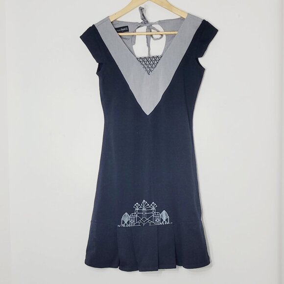 Eve Lavoie Women's Black Gray Cotton Blend Cap Sleeve Tie Back V-Neck Dress Sz M - Picture 1 of 10